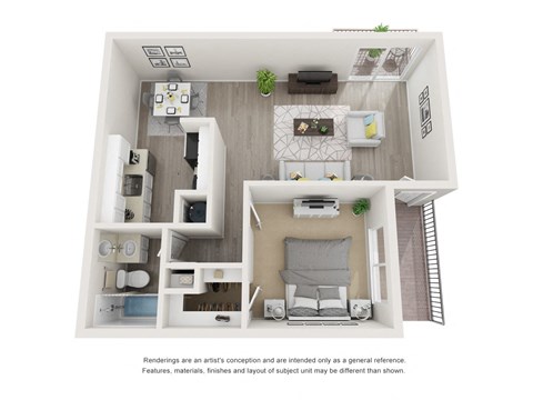 Floor plan for 1 bed, 1 bath, 636 sqft